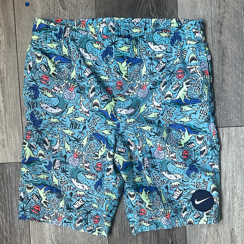 Nike Blue Aqua Shark & dinosaur Print Boy Kids Swim Trunks